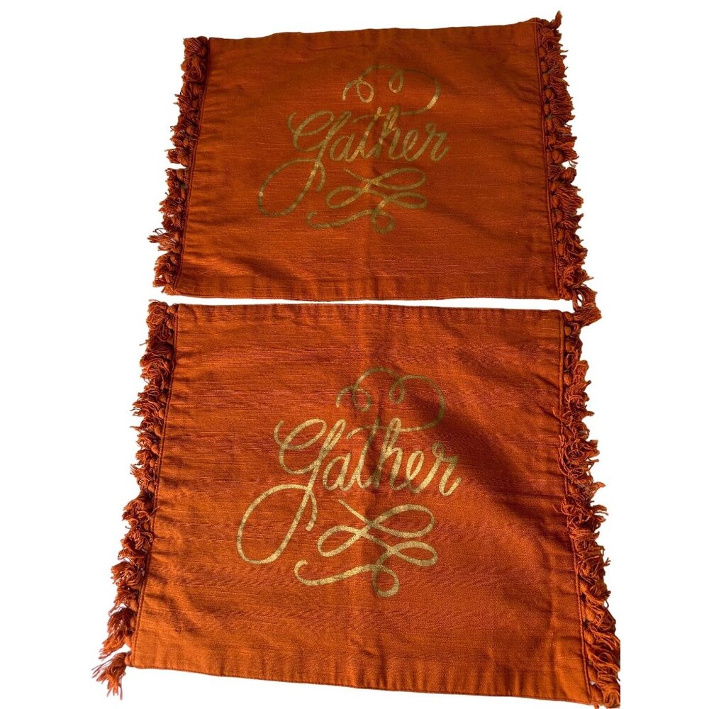 2 Orange  Pier 1 "Gather" Fringe Placemats  Holiday Rustic boho Table top decor
